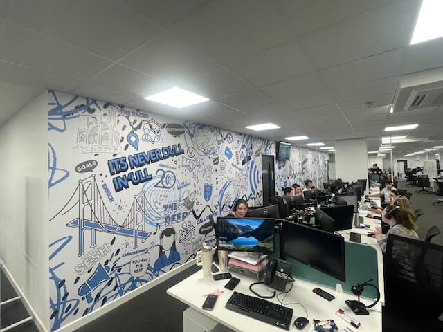 An image of the blue and white wall graphics